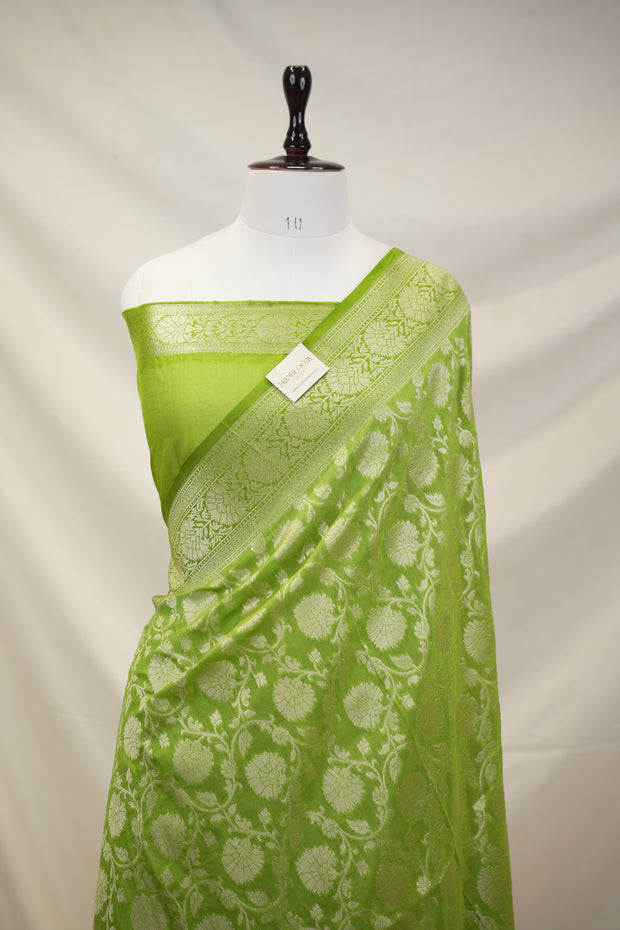 Fancy Geogette Saree Allover  Silver Jaal Banarasi Saree  - Green