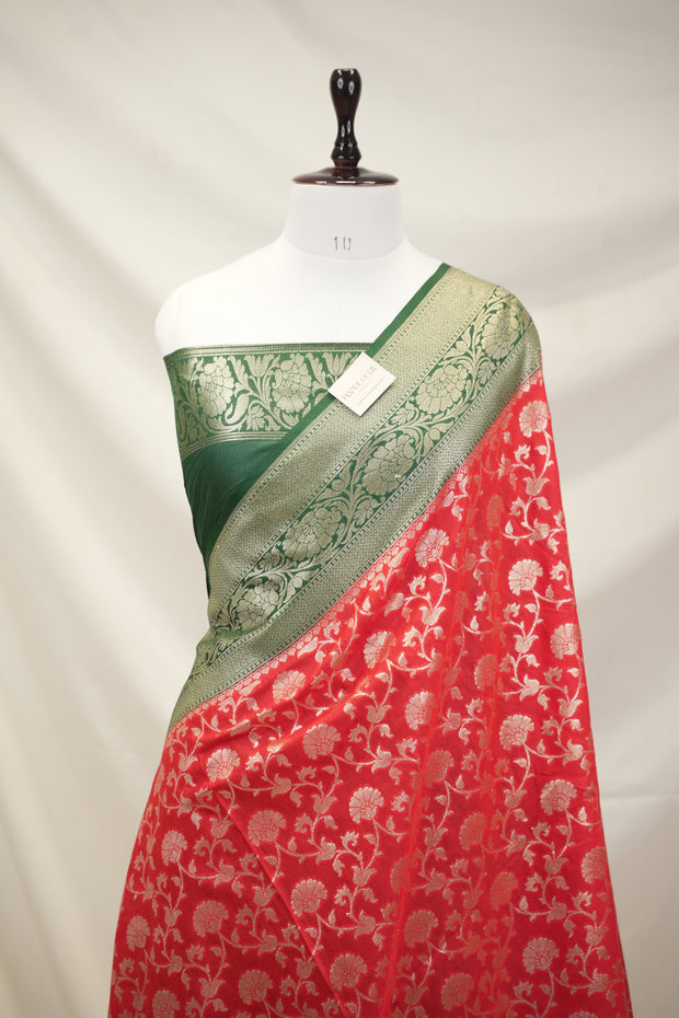 Fancy Geogette Saree Allover Gold Jaal Banarasi Saree  - Red & Green