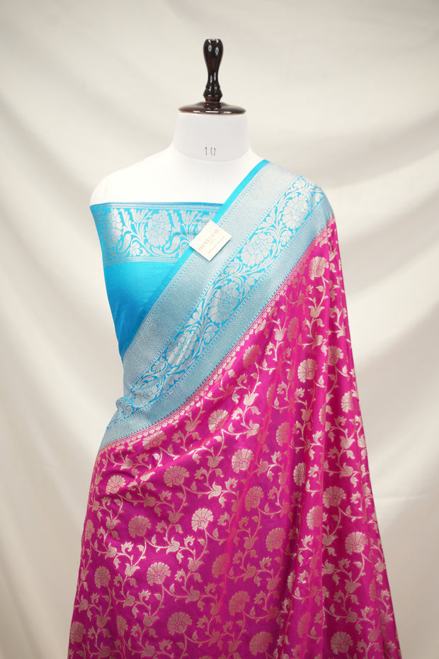 Fancy Geogette Saree Allover Gold Jaal Banarasi Saree  - Rani X Sky Blue