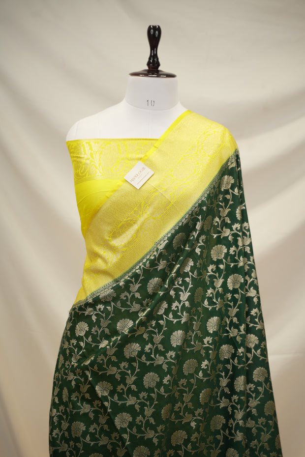 Fancy Geogette Saree Allover Gold Jaal Banarasi Saree  - Bottle Green X Yellow
