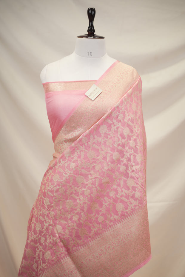 Fancy Geogette Saree Allover Gold Jaal Banarasi Saree  - Pink