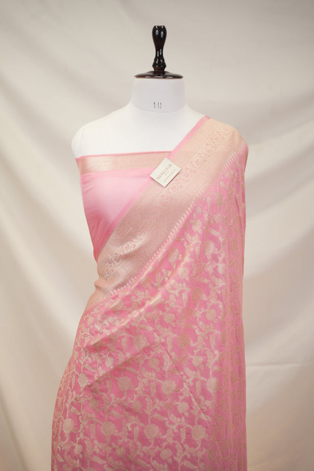 Fancy Geogette Saree Allover Gold Jaal Banarasi Saree  - Pink