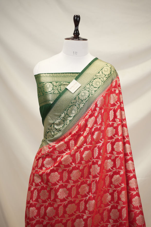Fancy Geogette Saree Allover Gold Jaal Banarasi Saree  - Red X Bottle Green