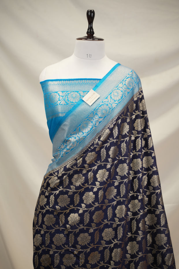 Fancy Geogette Saree Allover Gold Jaal Banarasi Saree  - Royal Blue X Blue