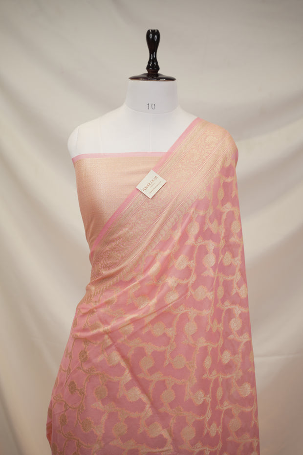 Fancy Geogette Saree Allover Gold Jaal Banarasi Saree  - Pink