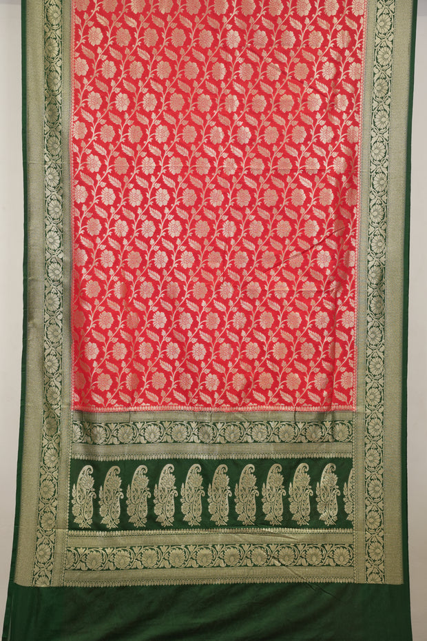 Fancy Geogette Saree Allover Gold Jaal Banarasi Saree  - Red X Bottle Green