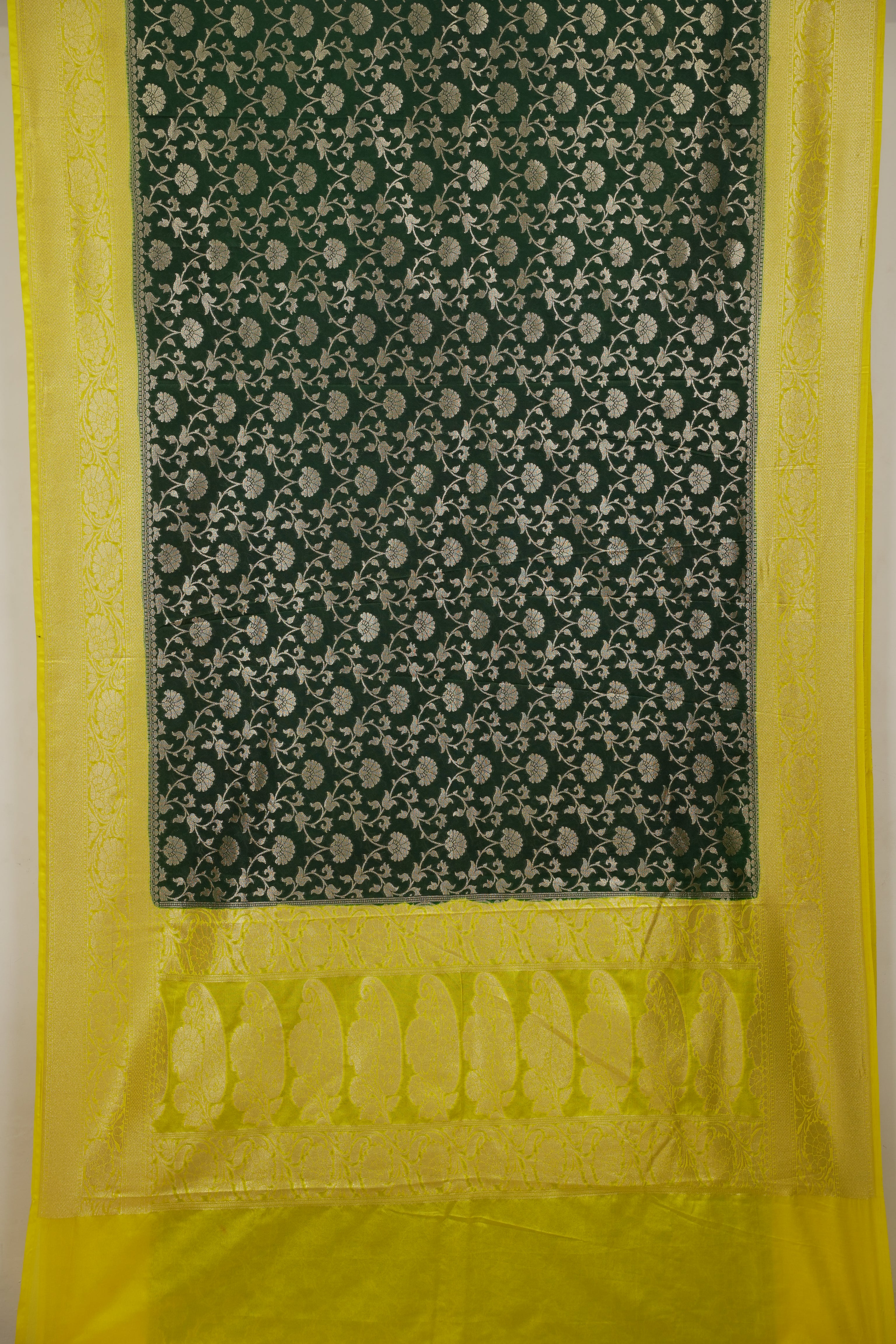 Fancy Geogette Saree Allover Gold Jaal Banarasi Saree  - Bottle Green X Yellow