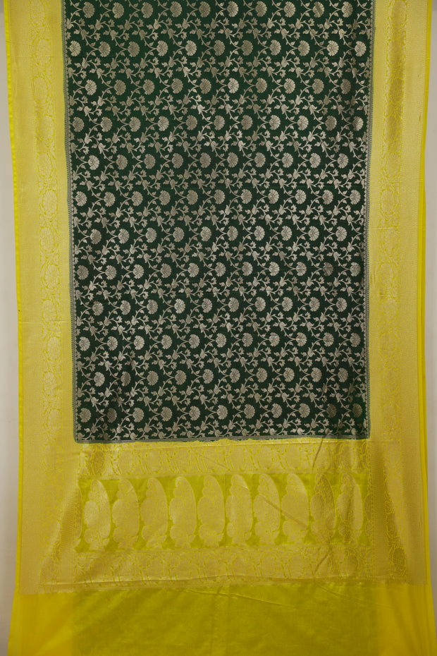 Fancy Geogette Saree Allover Gold Jaal Banarasi Saree  - Bottle Green X Yellow