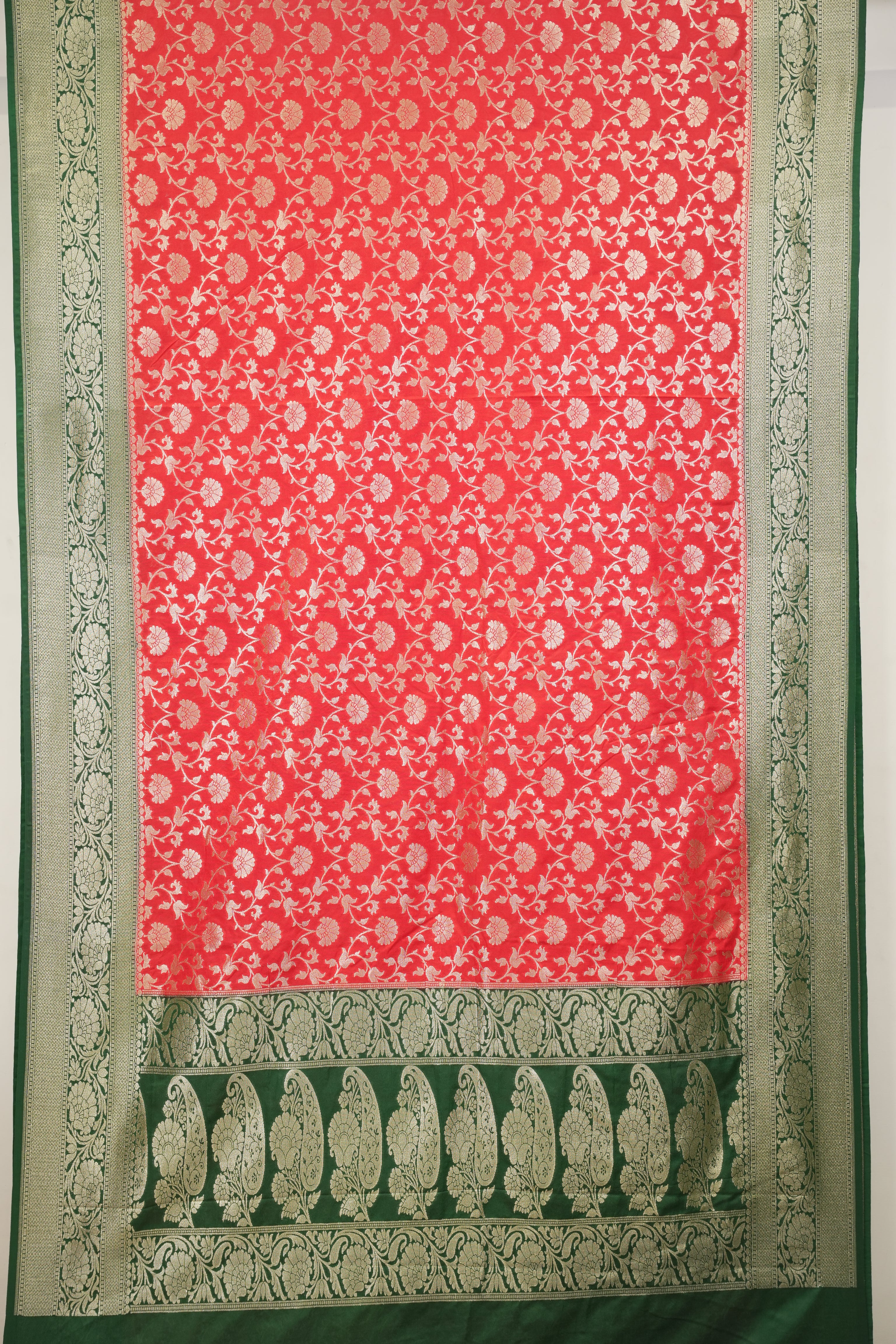 Fancy Geogette Saree Allover Gold Jaal Banarasi Saree  - Red & Green