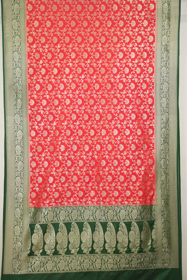 Fancy Geogette Saree Allover Gold Jaal Banarasi Saree  - Red & Green