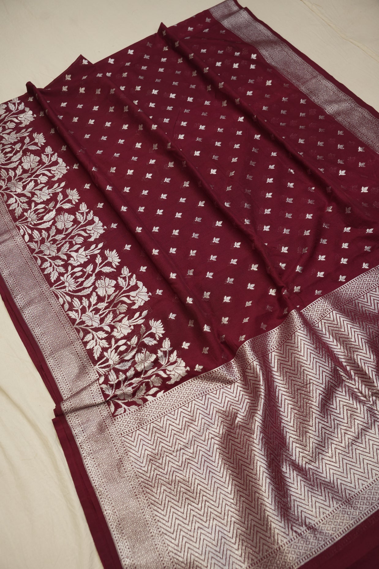 Fancy Geogette Saree Allover Silver Motif Banarasi Saree  - Red