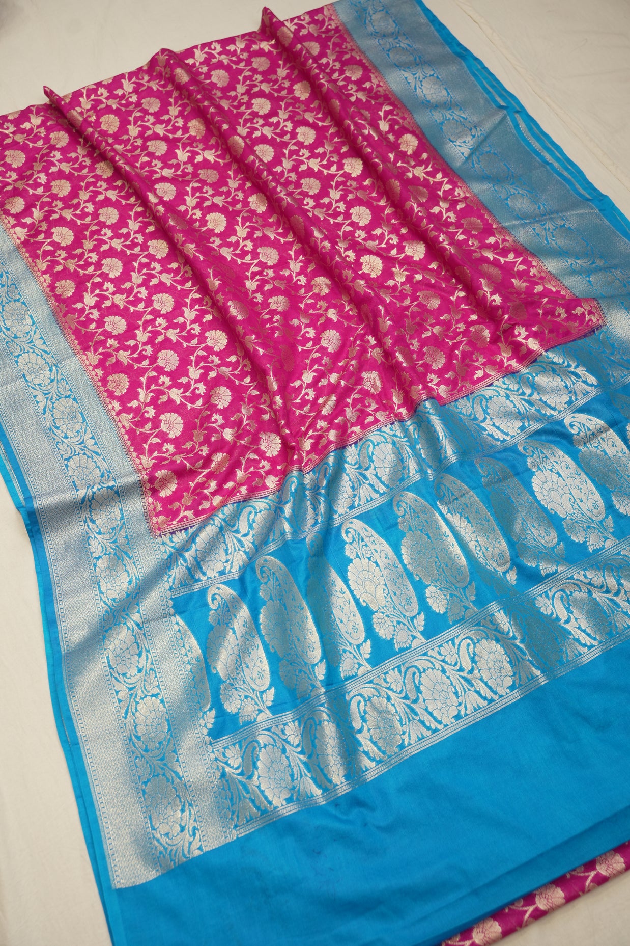 Fancy Geogette Saree Allover Gold Jaal Banarasi Saree  - Rani X Sky Blue