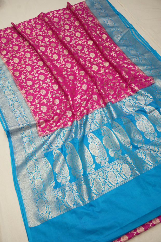 Fancy Geogette Saree Allover Gold Jaal Banarasi Saree  - Rani X Sky Blue