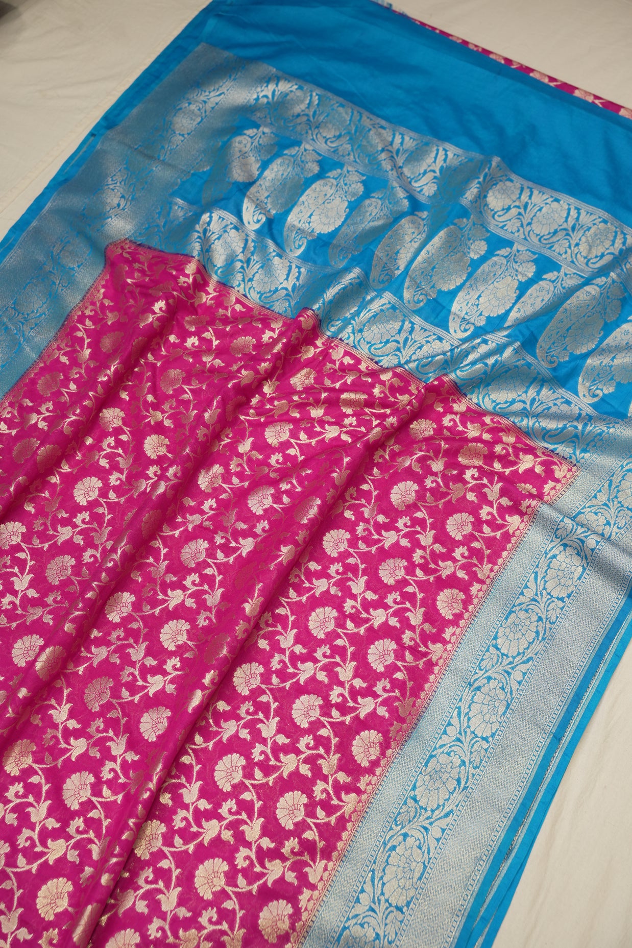 Fancy Geogette Saree Allover Gold Jaal Banarasi Saree  - Rani X Sky Blue