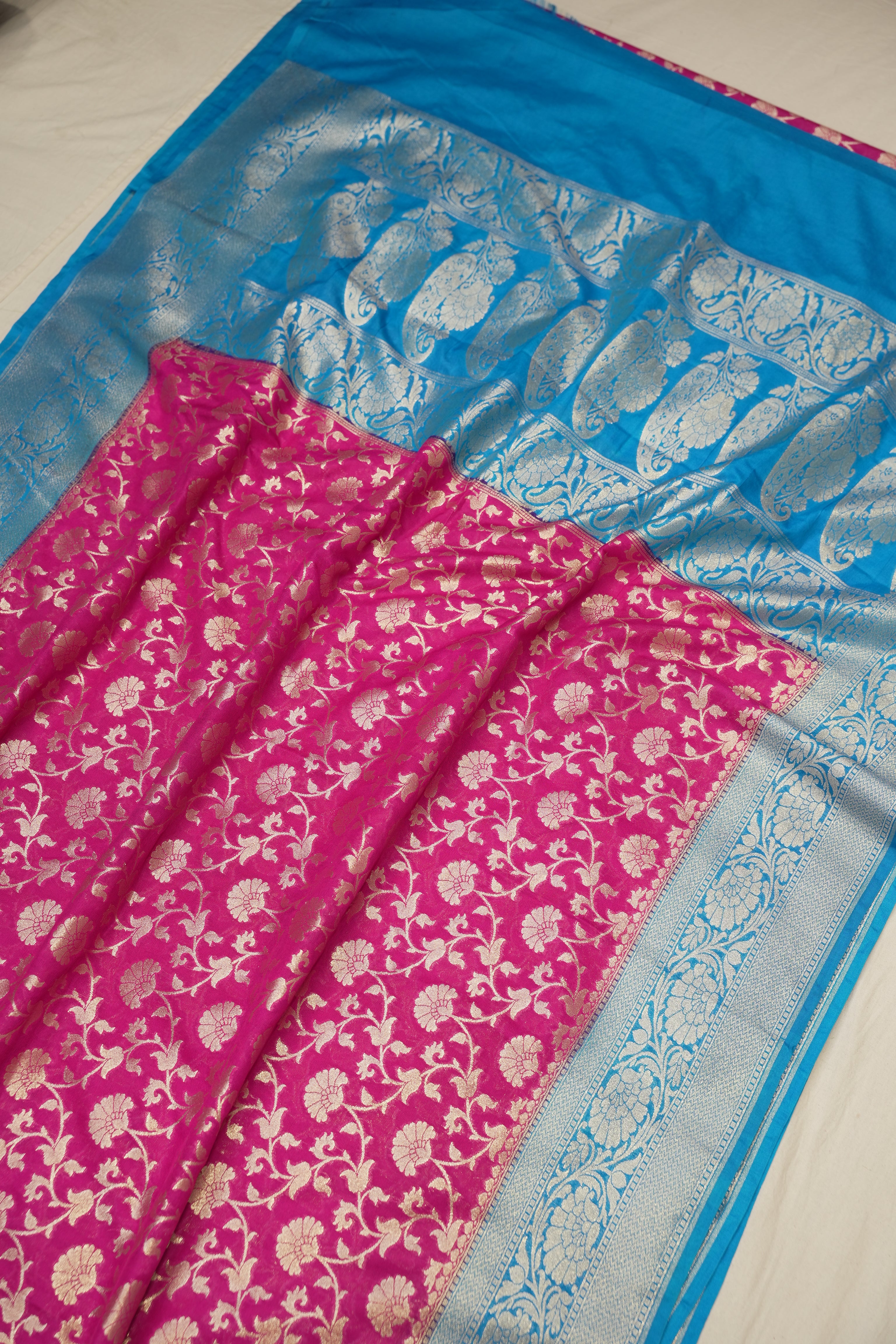 Fancy Geogette Saree Allover Gold Jaal Banarasi Saree  - Rani X Sky Blue