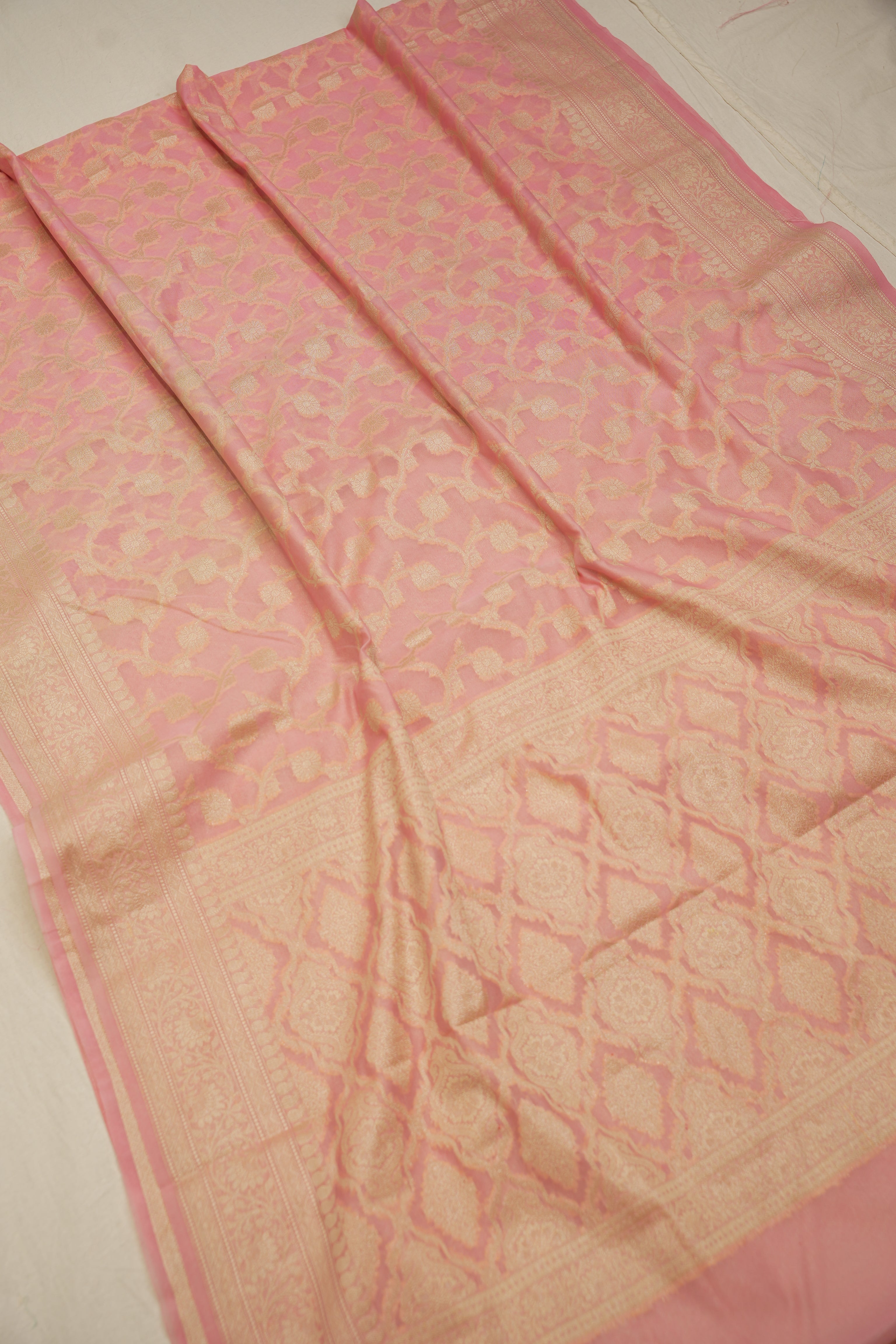 Fancy Geogette Saree Allover Gold Jaal Banarasi Saree  - Pink