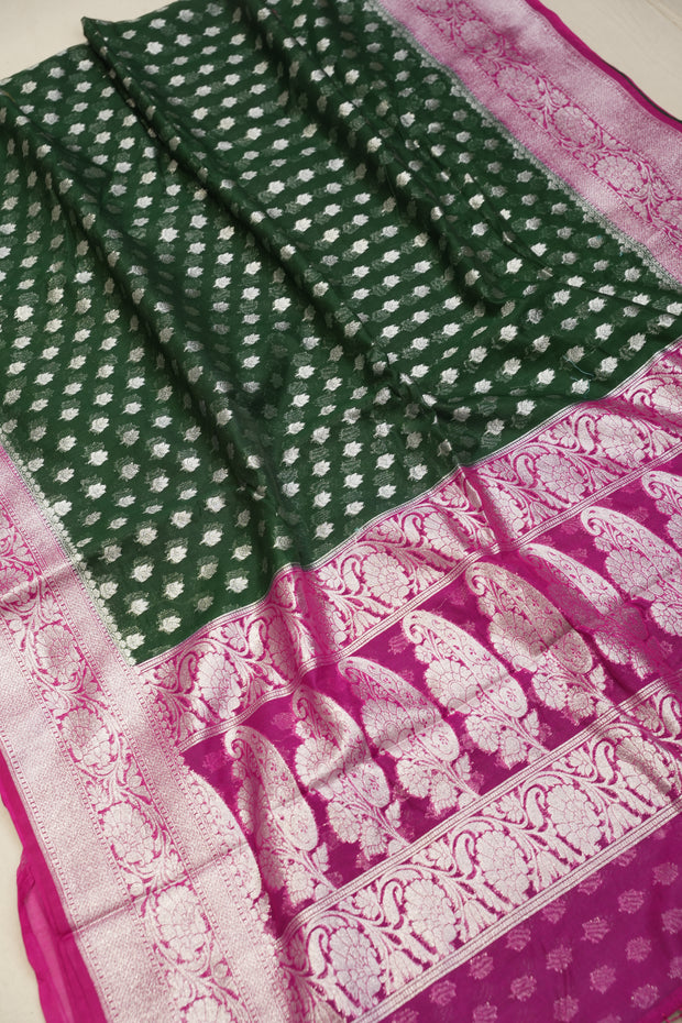 Fancy Geogette Saree Allover Silver Booti Banarasi Saree  - Bottle Green X Rani