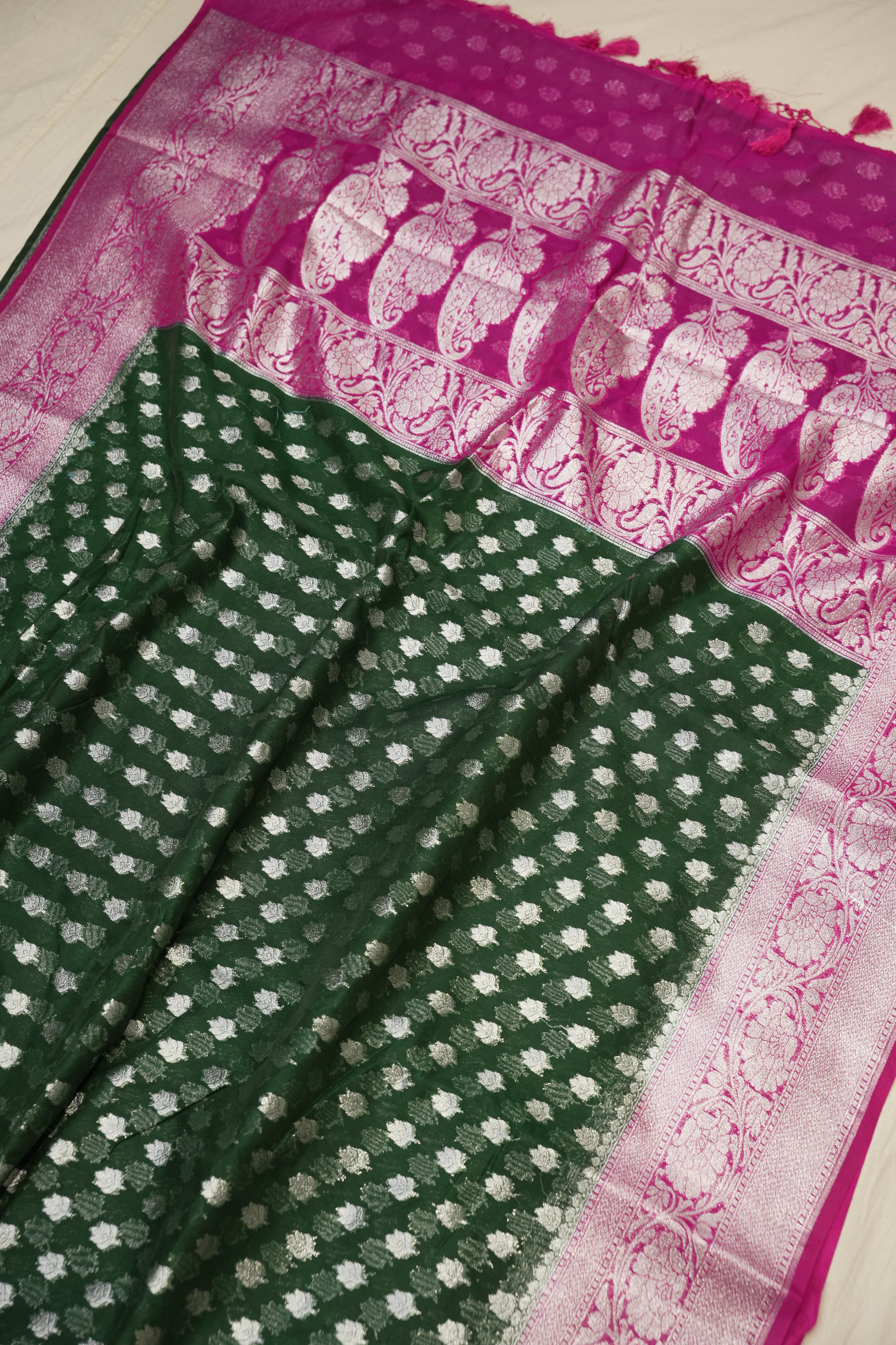 Fancy Geogette Saree Allover Silver Booti Banarasi Saree  - Bottle Green X Rani