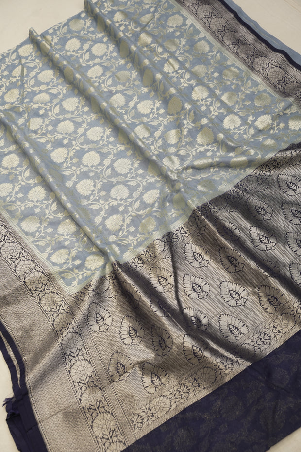 Fancy Geogette Saree Allover Gold Jaal Banarasi Saree  - Light Grey X Navy blue
