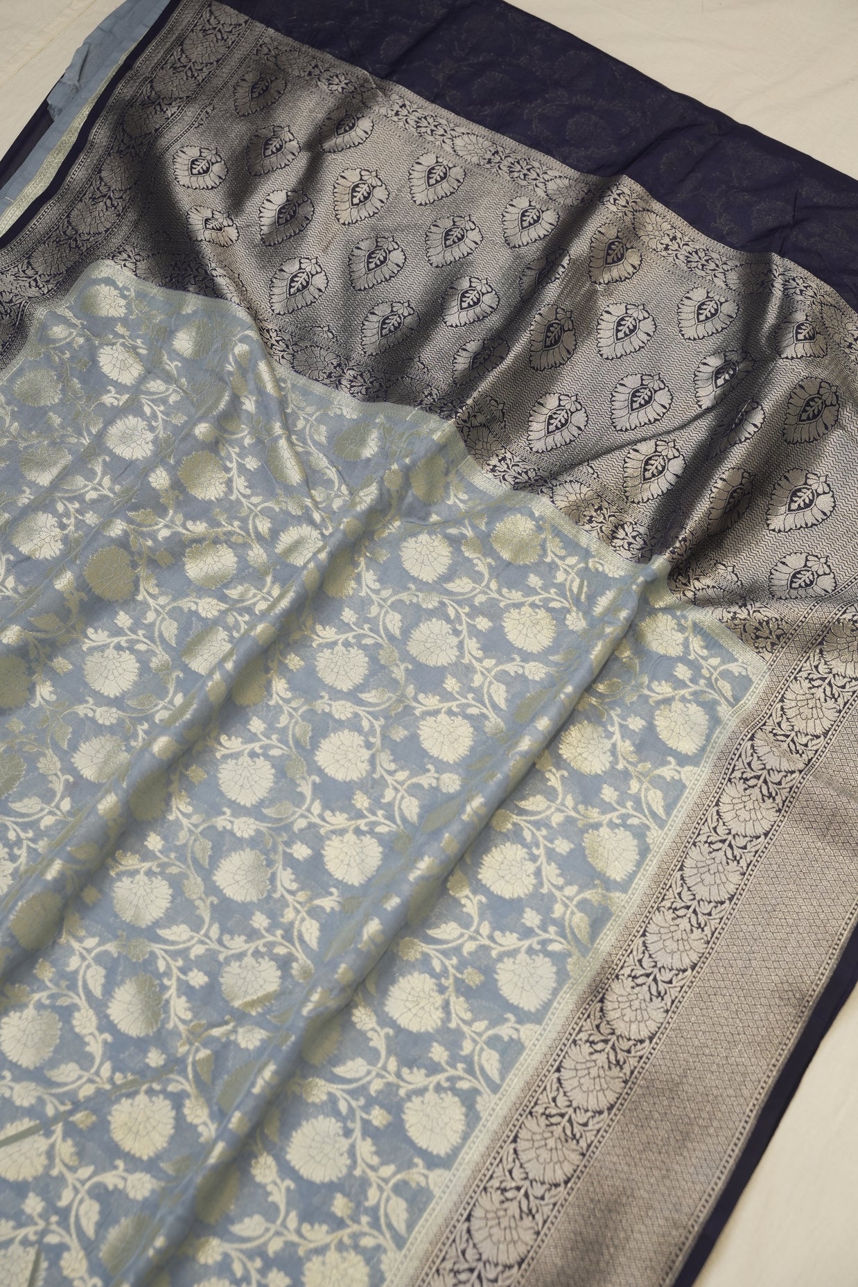 Fancy Geogette Saree Allover Gold Jaal Banarasi Saree  - Light Grey X Navy blue