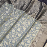 Fancy Geogette Saree Allover Gold Jaal Banarasi Saree  - Light Grey X Navy blue