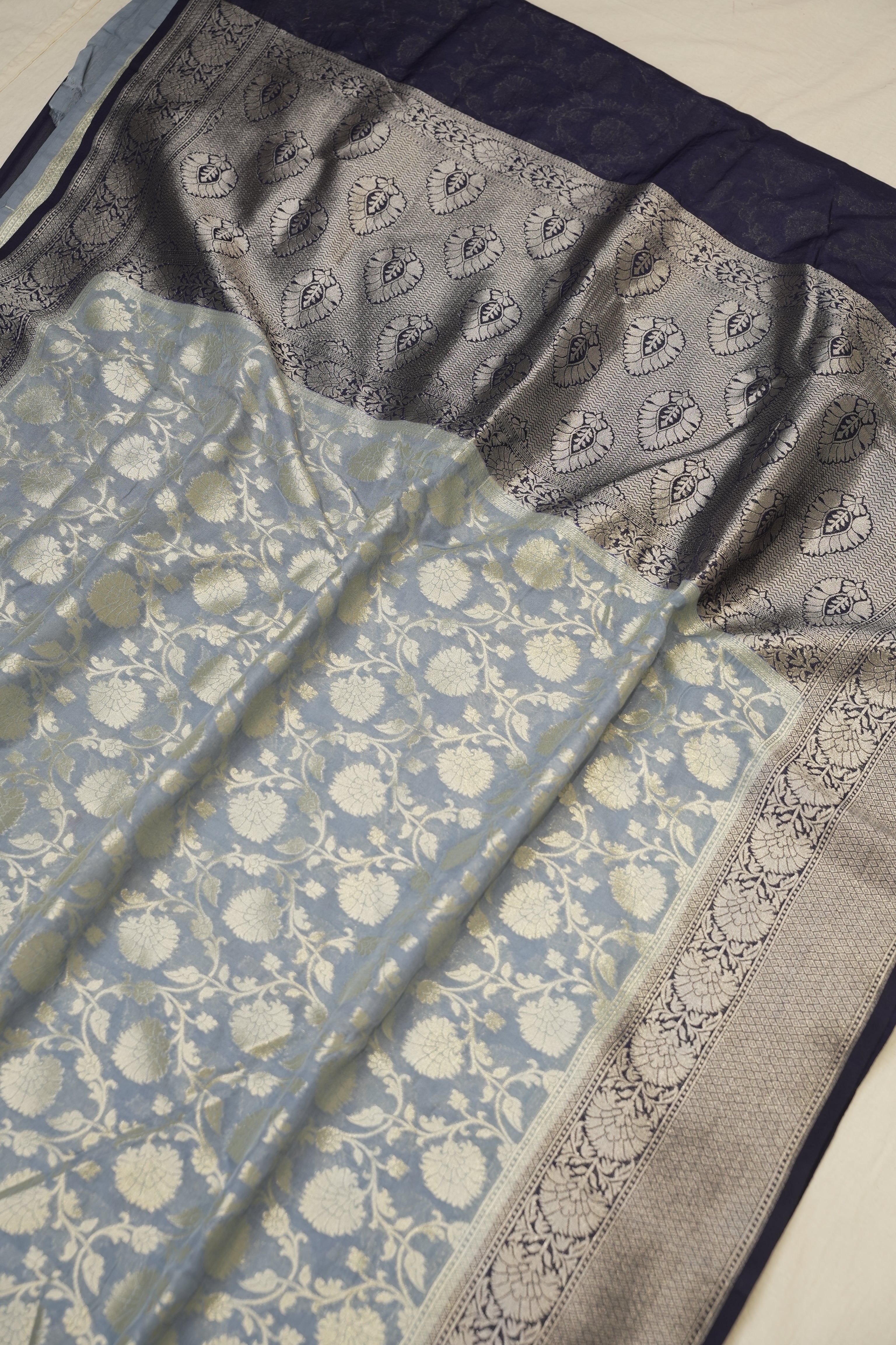 Fancy Geogette Saree Allover Gold Jaal Banarasi Saree  - Light Grey X Navy blue