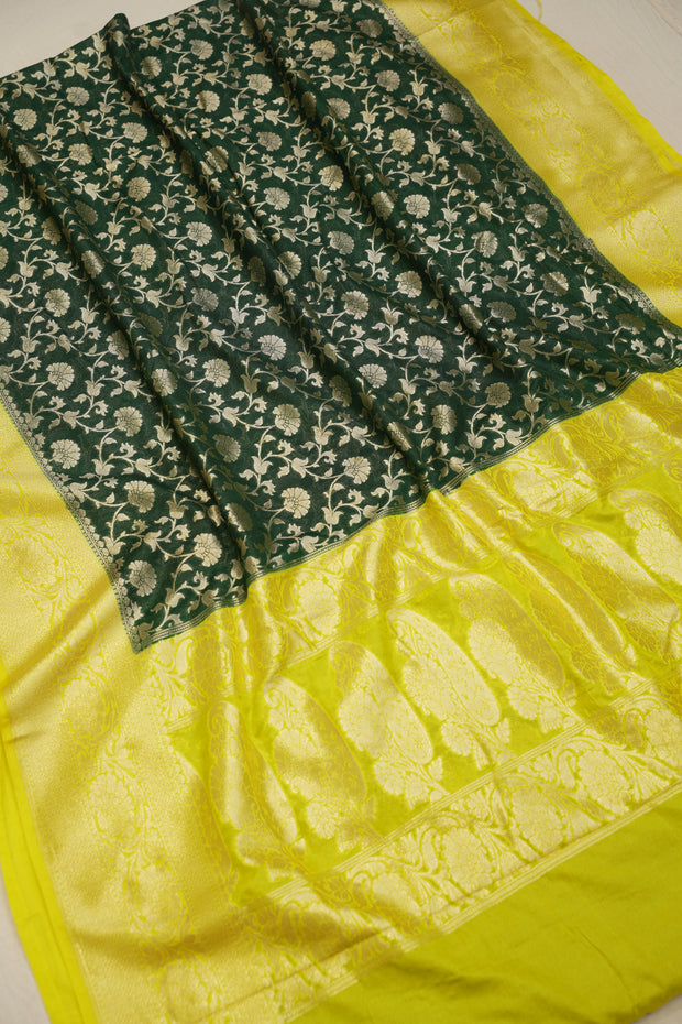 Fancy Geogette Saree Allover Gold Jaal Banarasi Saree  - Bottle Green X Yellow