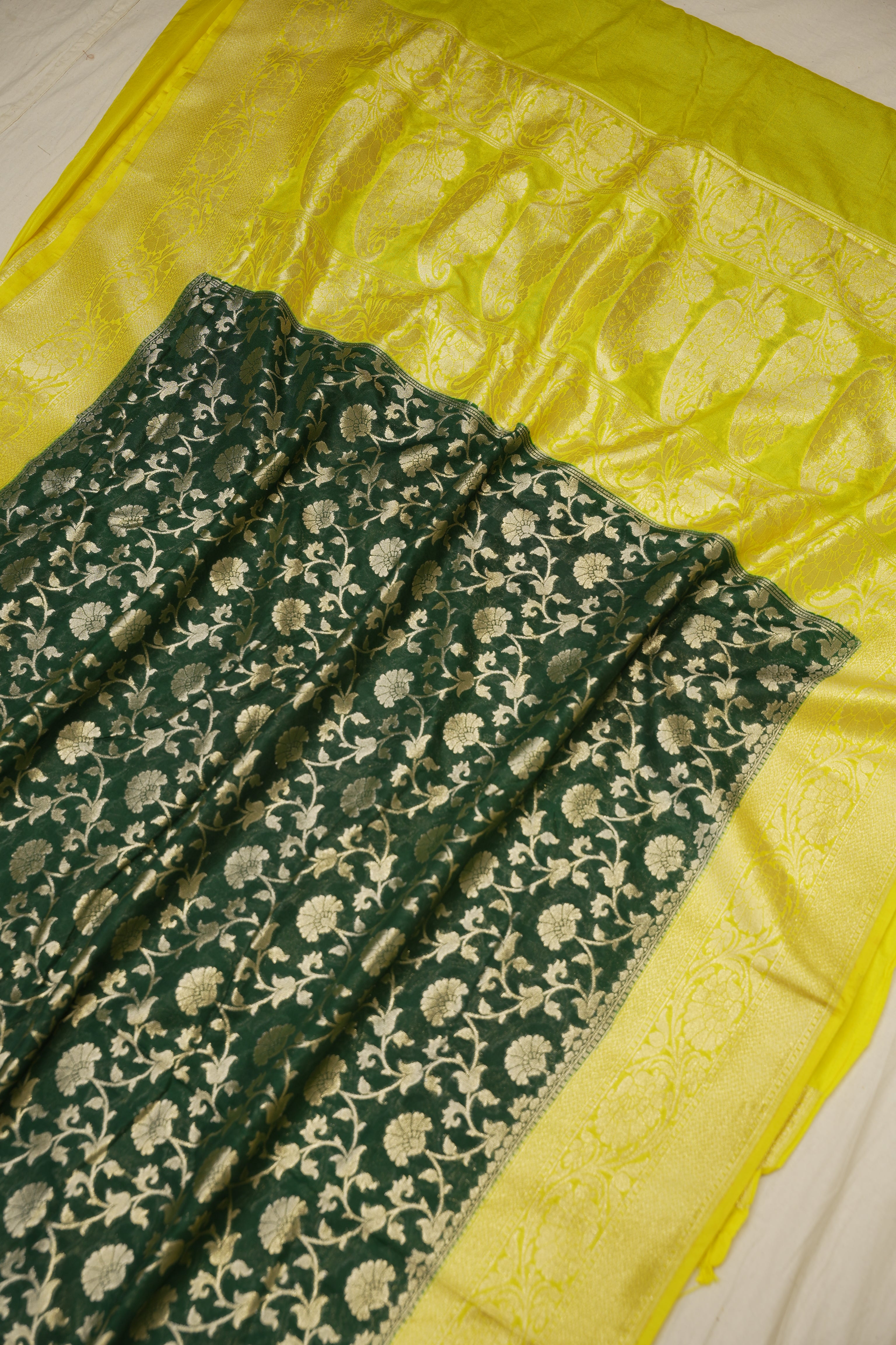 Fancy Geogette Saree Allover Gold Jaal Banarasi Saree  - Bottle Green X Yellow