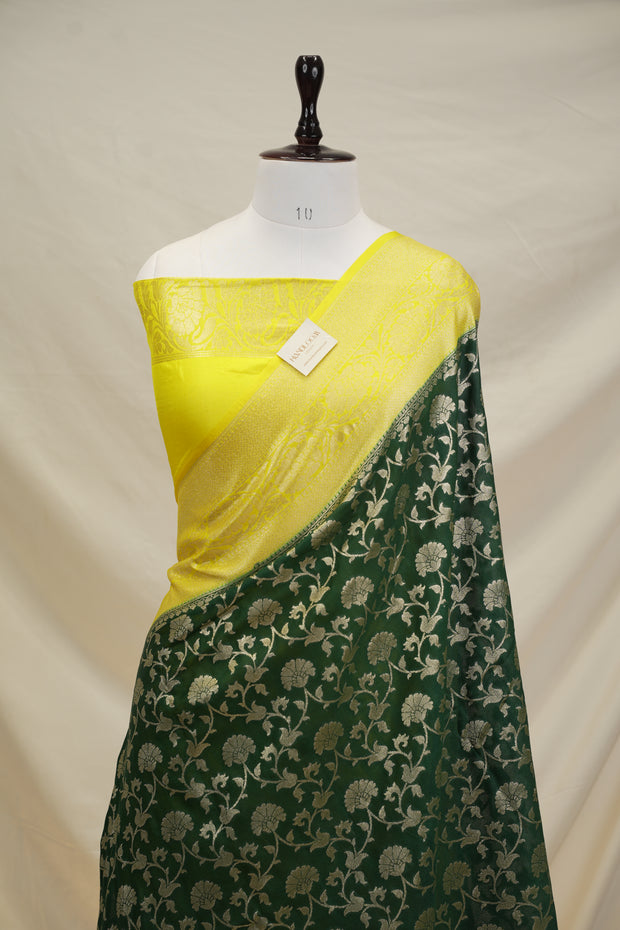 Fancy Geogette Saree Allover Gold Jaal Banarasi Saree  - Bottle Green X Yellow
