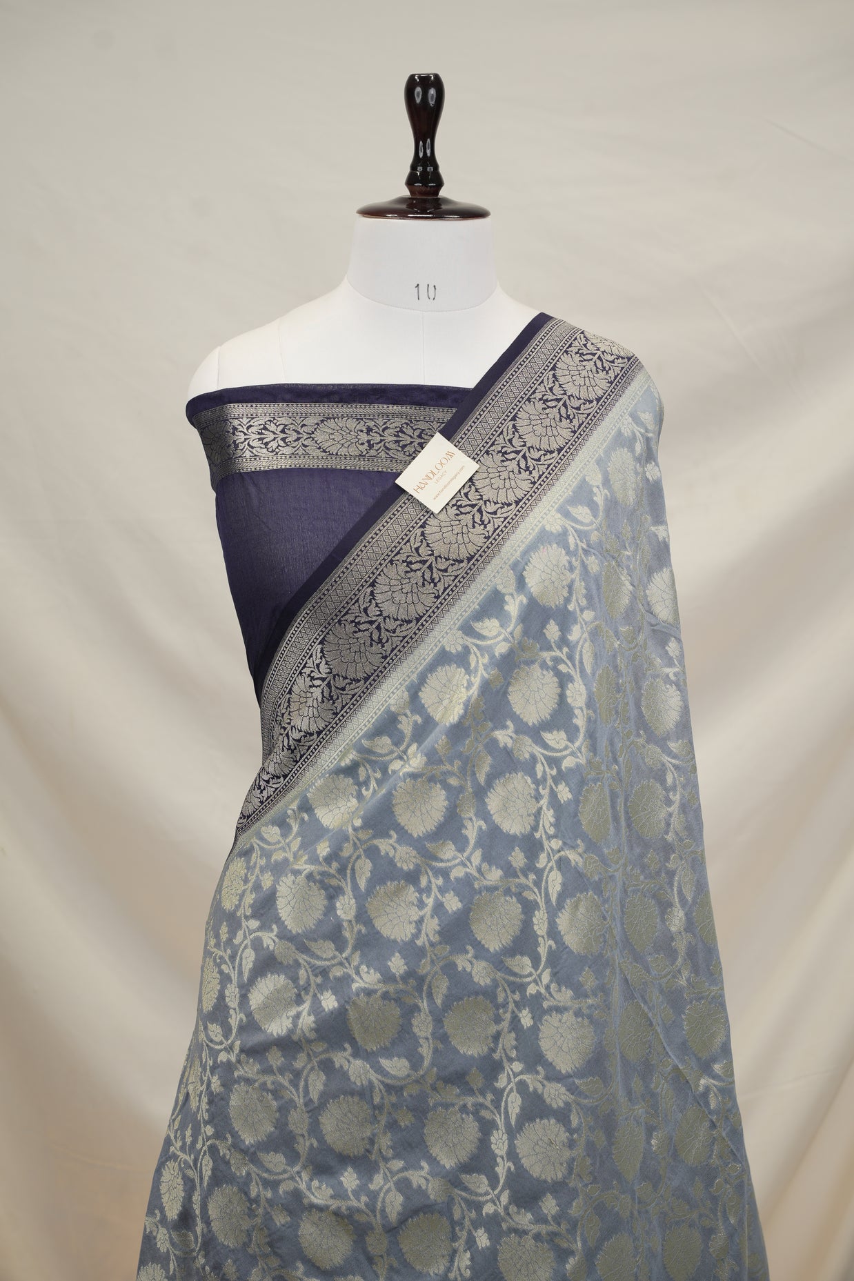 Fancy Geogette Saree Allover Gold Jaal Banarasi Saree  - Light Grey X Navy blue