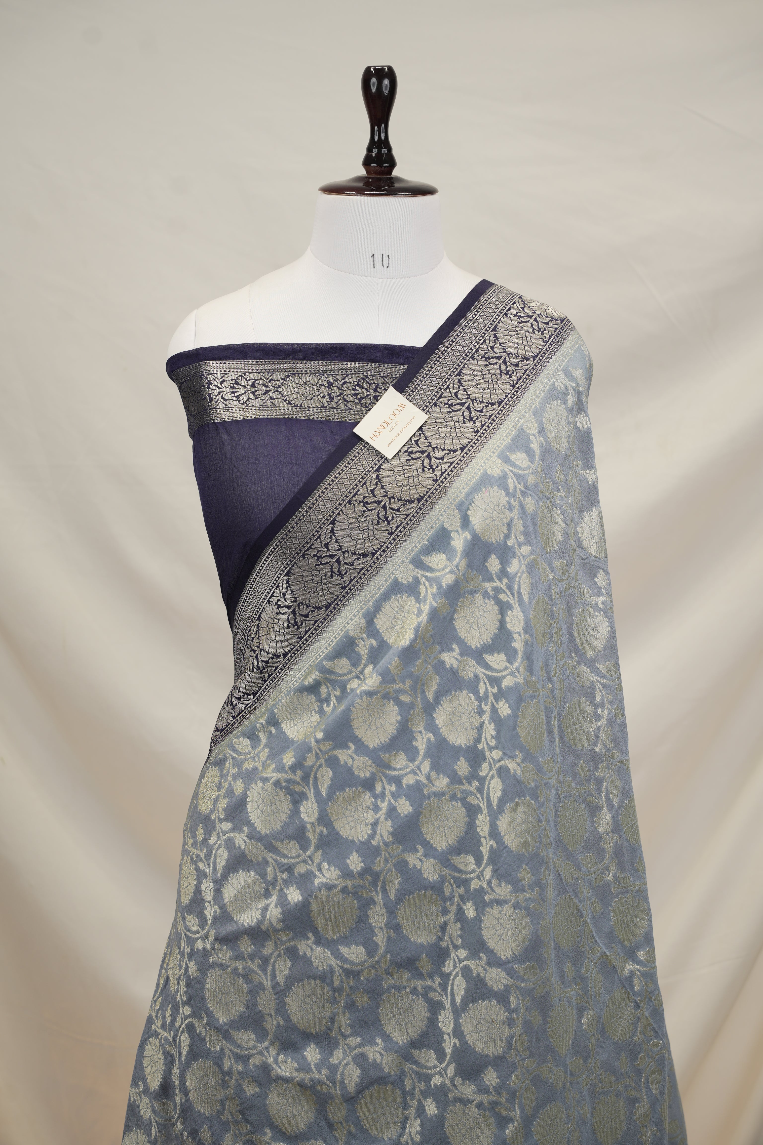 Fancy Geogette Saree Allover Gold Jaal Banarasi Saree  - Light Grey X Navy blue