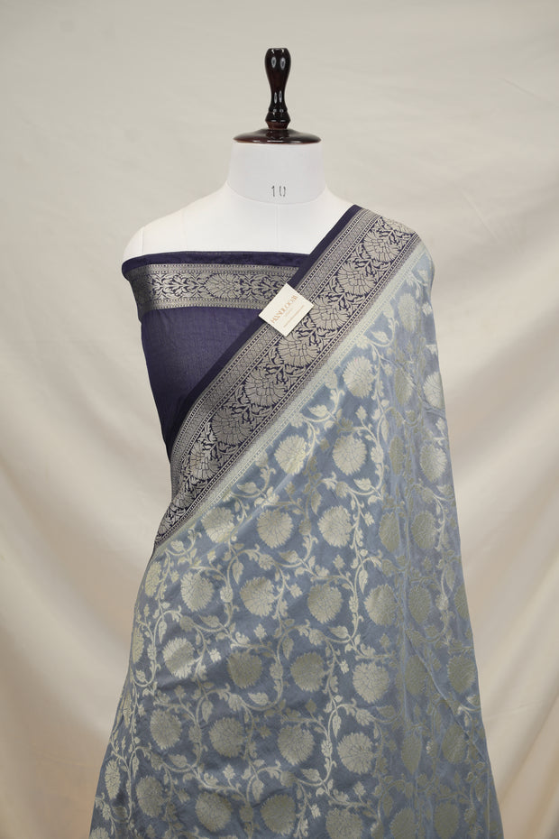 Fancy Geogette Saree Allover Gold Jaal Banarasi Saree  - Light Grey X Navy blue