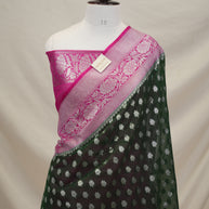 Fancy Geogette Saree Allover Silver Booti Banarasi Saree  - Bottle Green X Rani