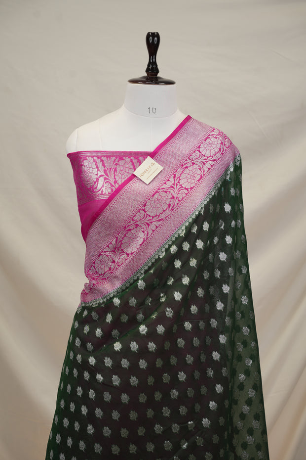 Fancy Geogette Saree Allover Silver Booti Banarasi Saree  - Bottle Green X Rani