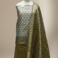 Banarasi Fancy Silk Suit with Zari Motif with Contrast Banarasi Dupatta - Mehendi Green
