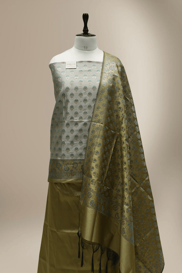 Banarasi Fancy Silk Suit with Zari Motif with Contrast Banarasi Dupatta - Mehendi Green