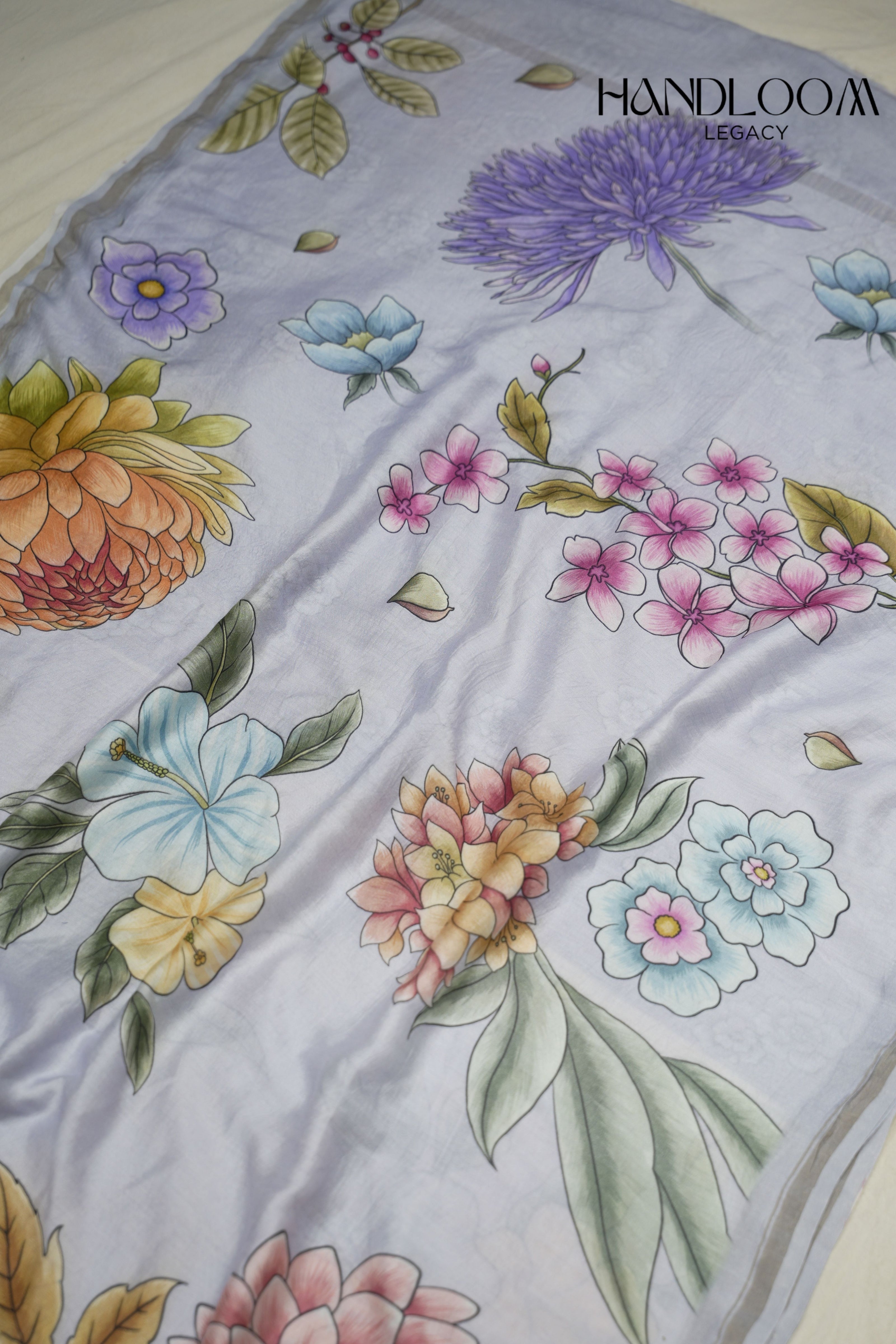 Grey pure cotton digital prints sarees with allover floral prints and zari woven border