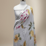 Grey pure cotton digital prints sarees with allover floral prints and zari woven border