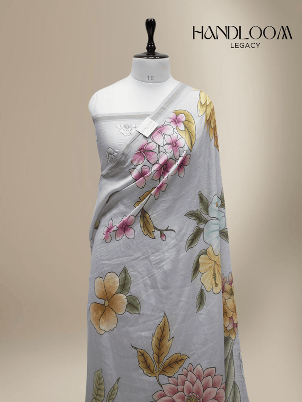 Grey pure cotton digital prints sarees with allover floral prints and zari woven border