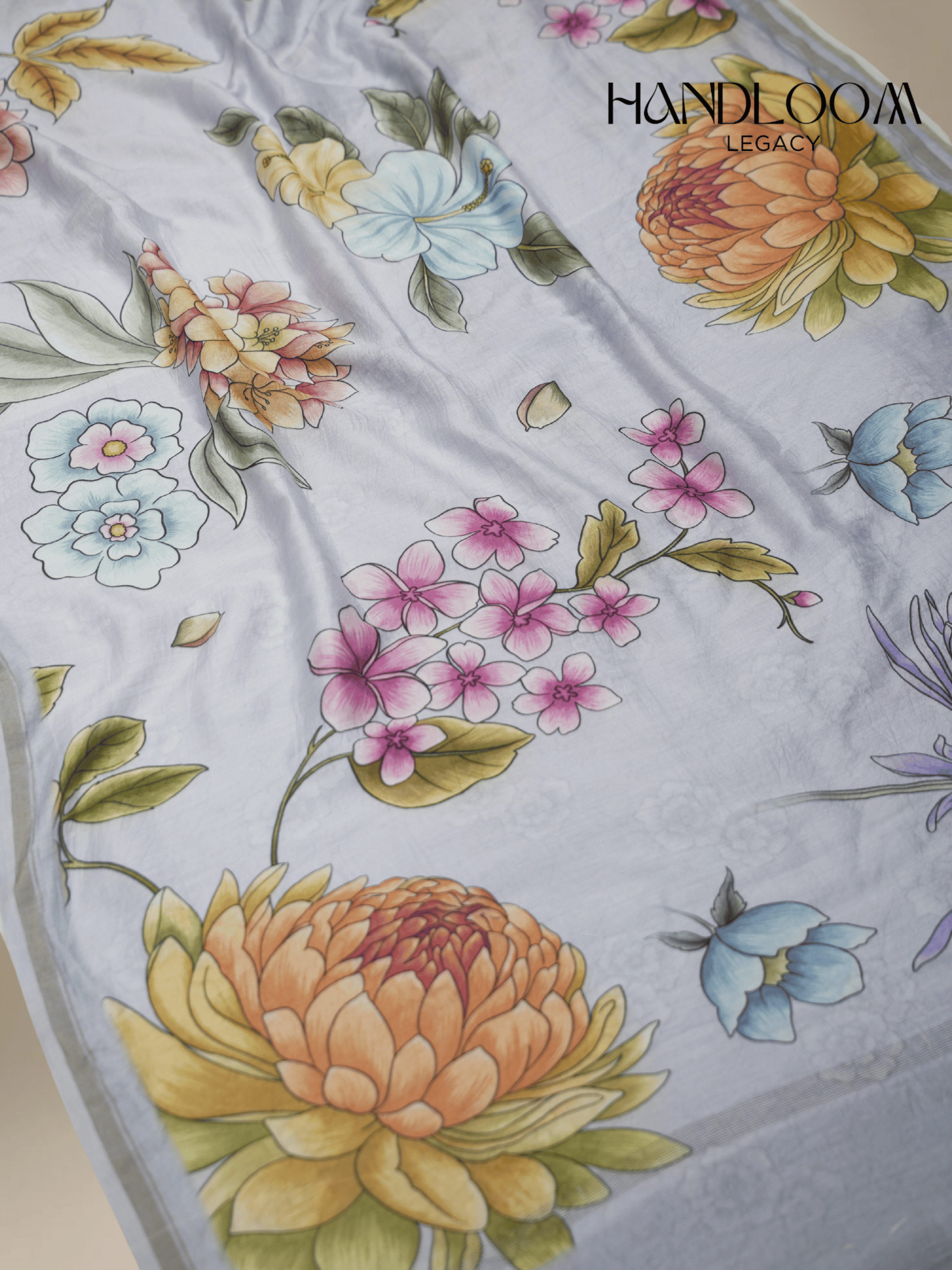 Grey pure cotton digital prints sarees with allover floral prints and zari woven border