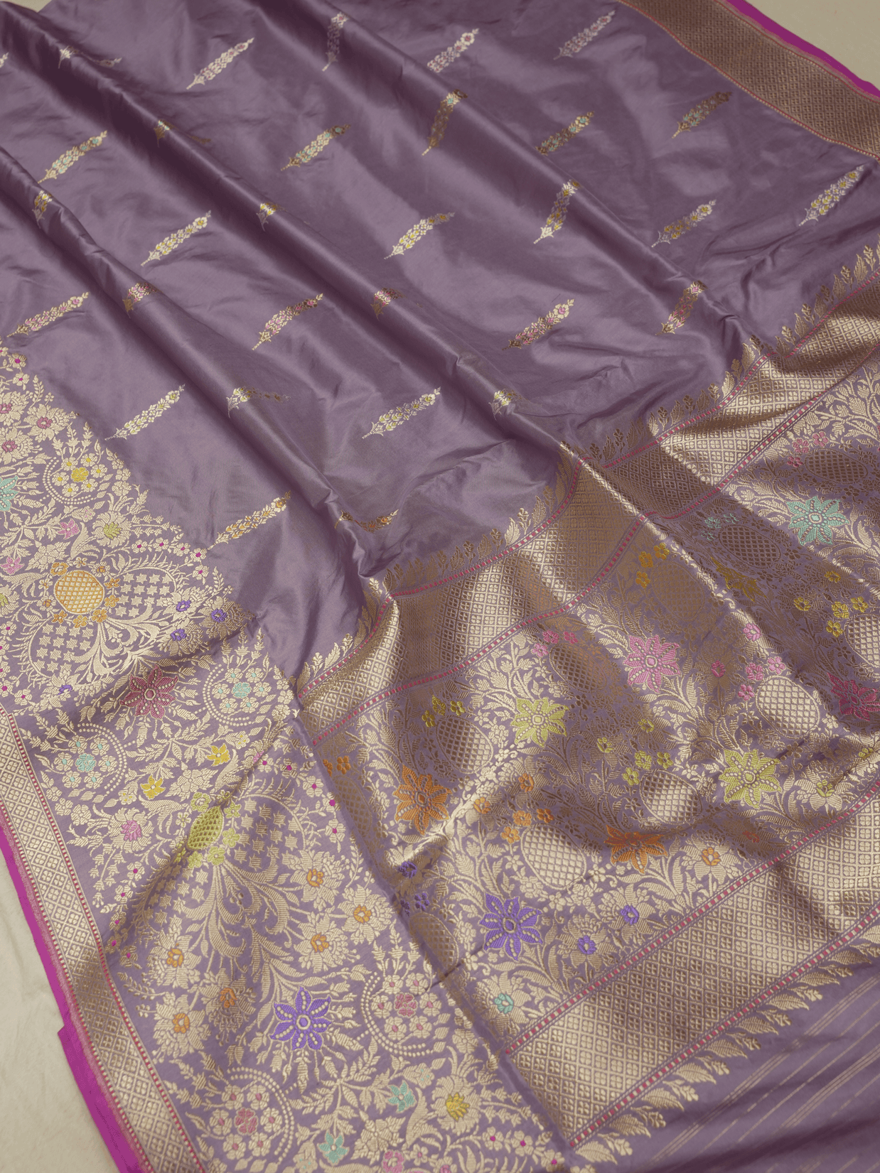 Lavender Pure Katan Silk Mina Kadua Motif Banarasi Handloom sarees
