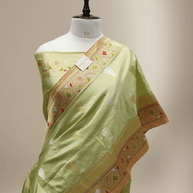Pista Pure Katan Silk Ropa Sona Kadua Motif Banarasi Handloom sarees