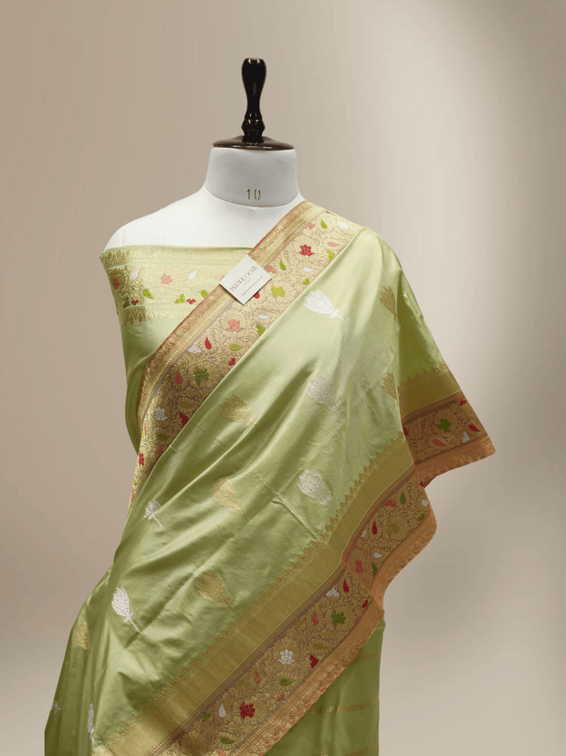 Pista Pure Katan Silk Ropa Sona Kadua Motif Banarasi Handloom sarees