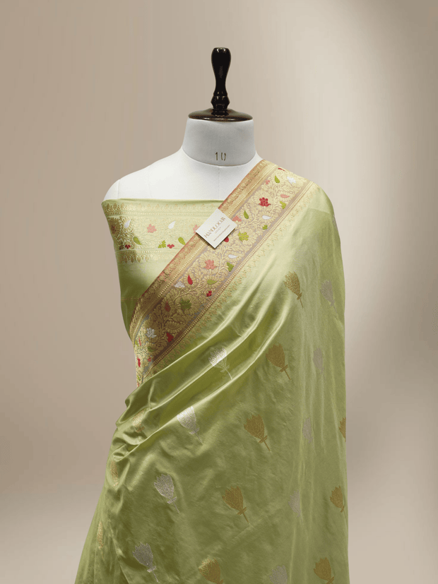 Pista Pure Katan Silk Ropa Sona Kadua Motif Banarasi Handloom sarees