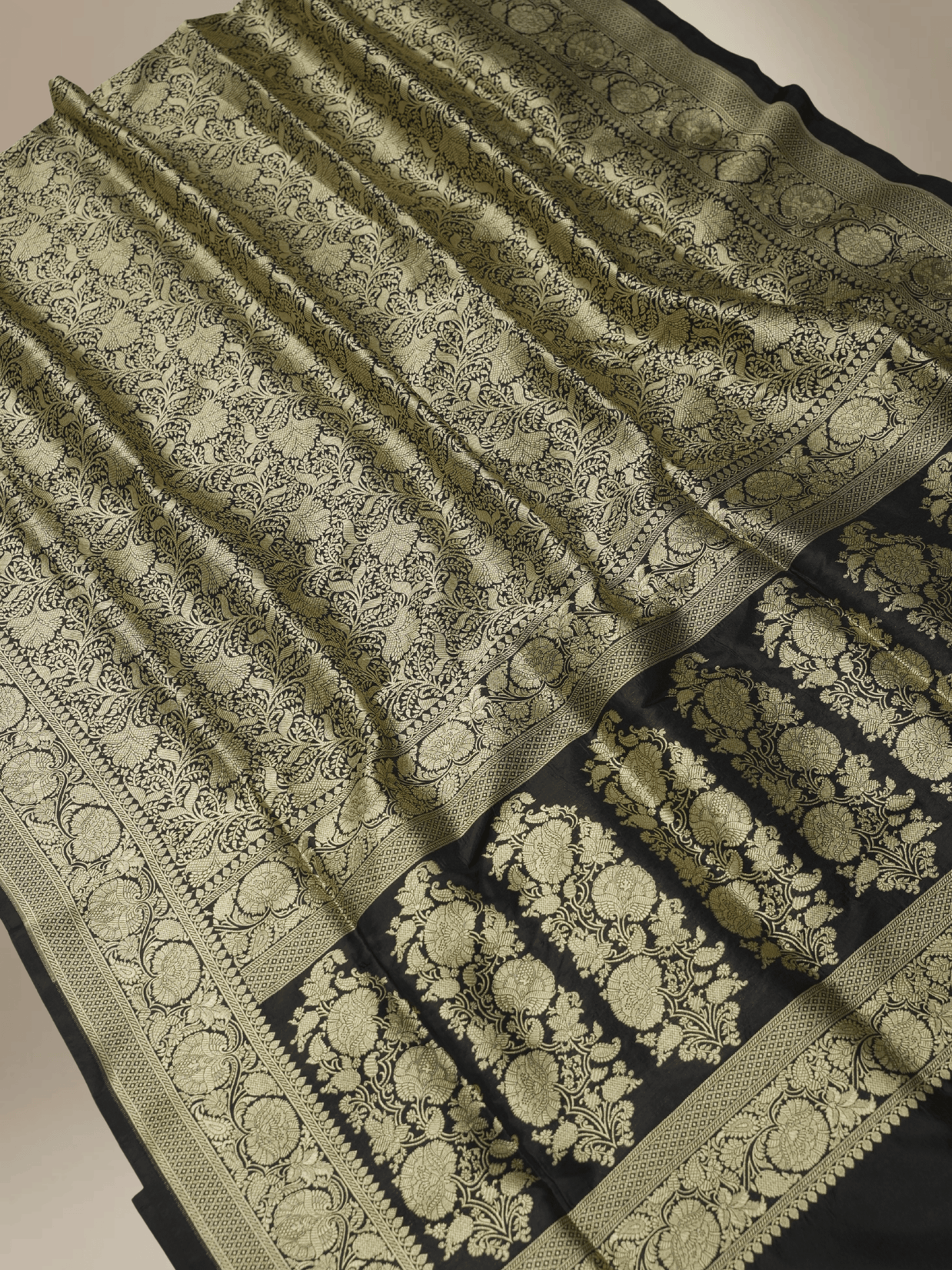 Pure Katan Silk Zari Tanchui Brocade Banarasi Saree - Black