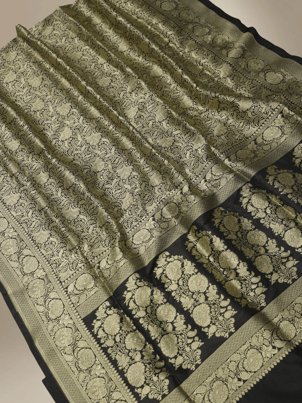 Pure Katan Silk Zari Tanchui Brocade Banarasi Saree - Black