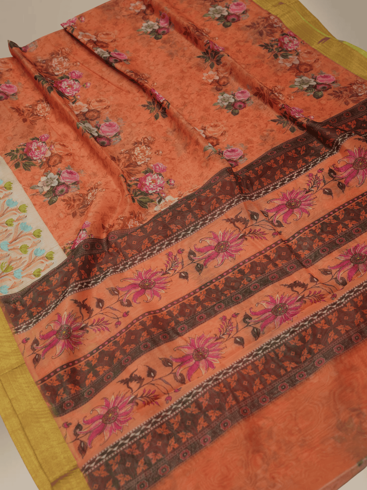 Pitch Colour Cotton Digital Print sarees with Skirt Chikankaari work