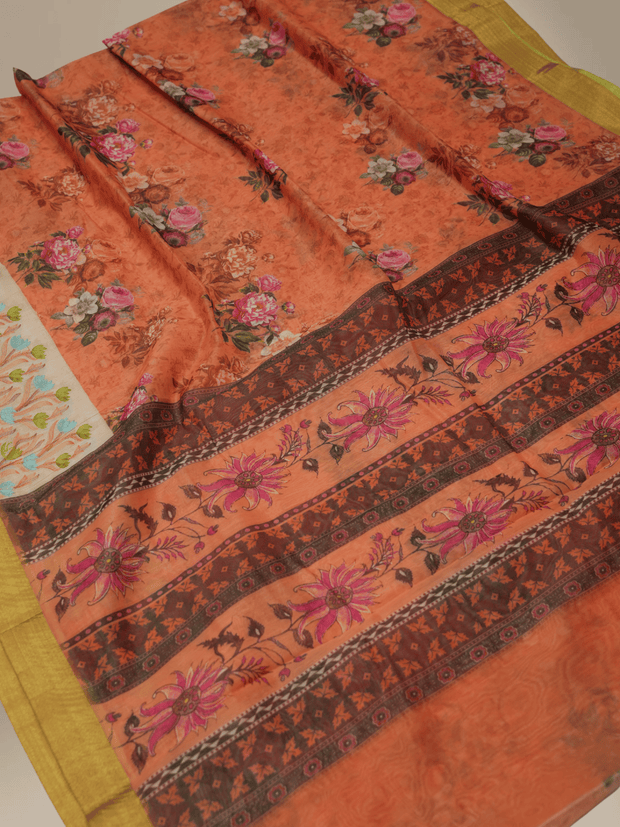 Pitch Colour Cotton Digital Print sarees with Skirt Chikankaari work