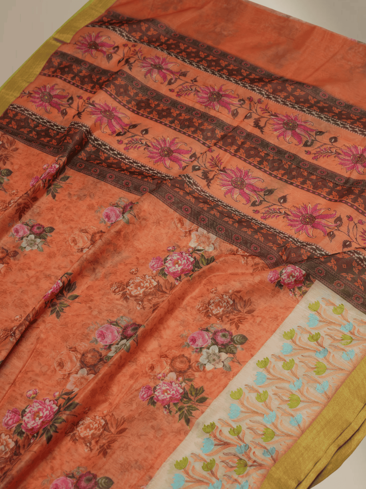 Pitch Colour Cotton Digital Print sarees with Skirt Chikankaari work