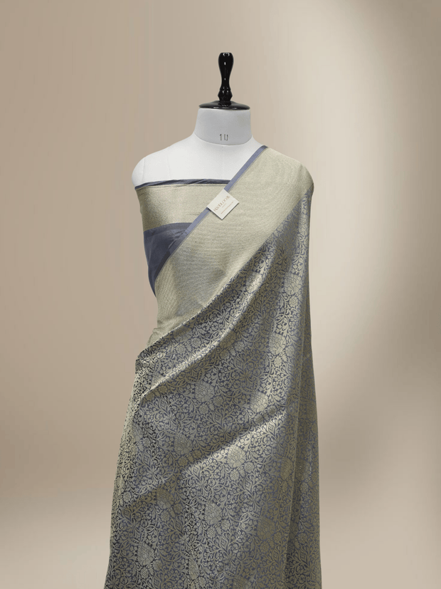 Pure Katan Silk Zari Tanchui Brocade Banarasi Saree - Grey